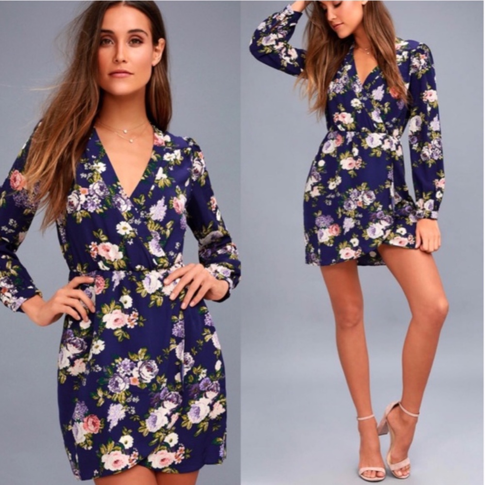 Lulu's That's a Wrap Navy Blue Floral Print Dress